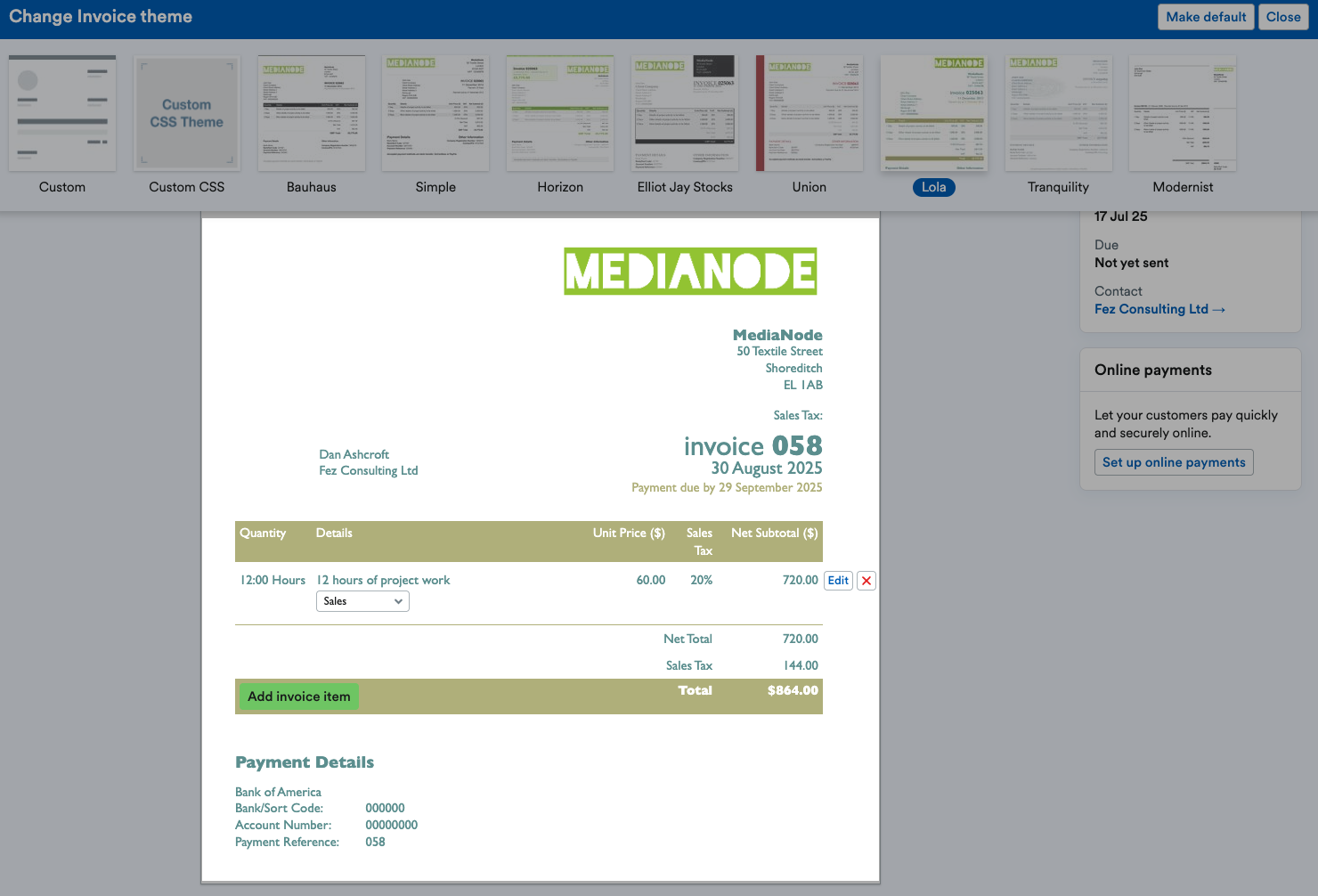 Invoice displayed in selected theme.
