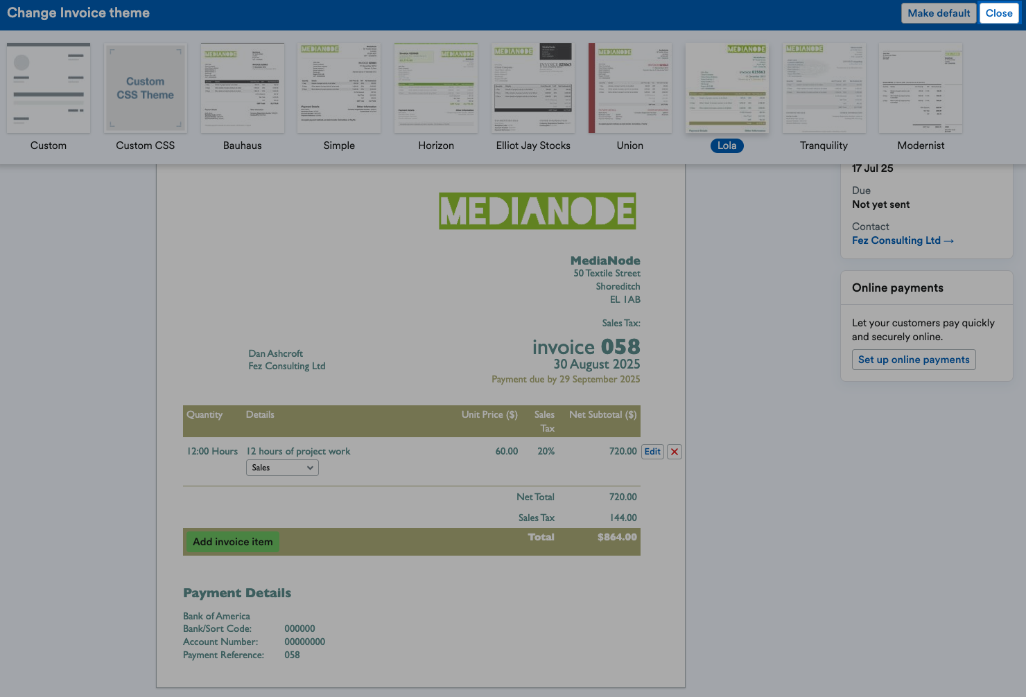 ‘Close’ button highlighted at top of Change Invoice theme bar.