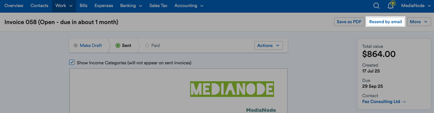‘Resend by email’ button highlighted above the invoice.