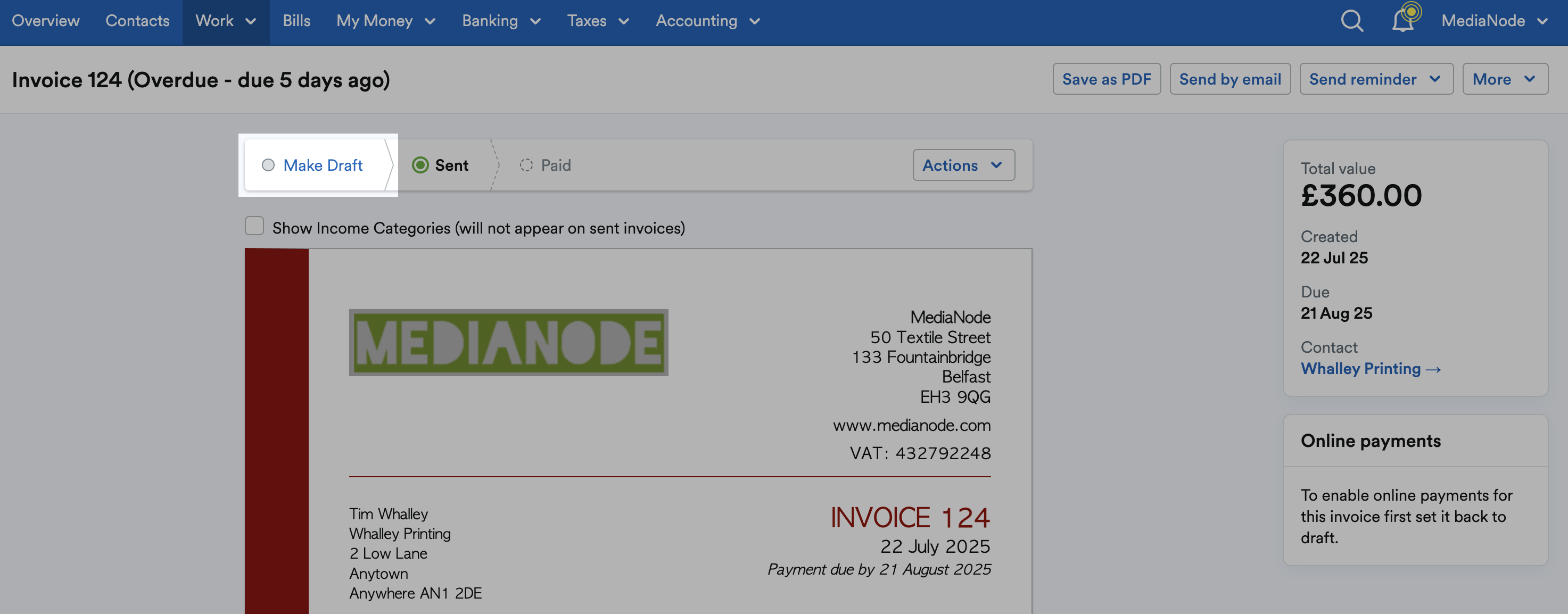 ‘Make Draft’ highlighted above the invoice.