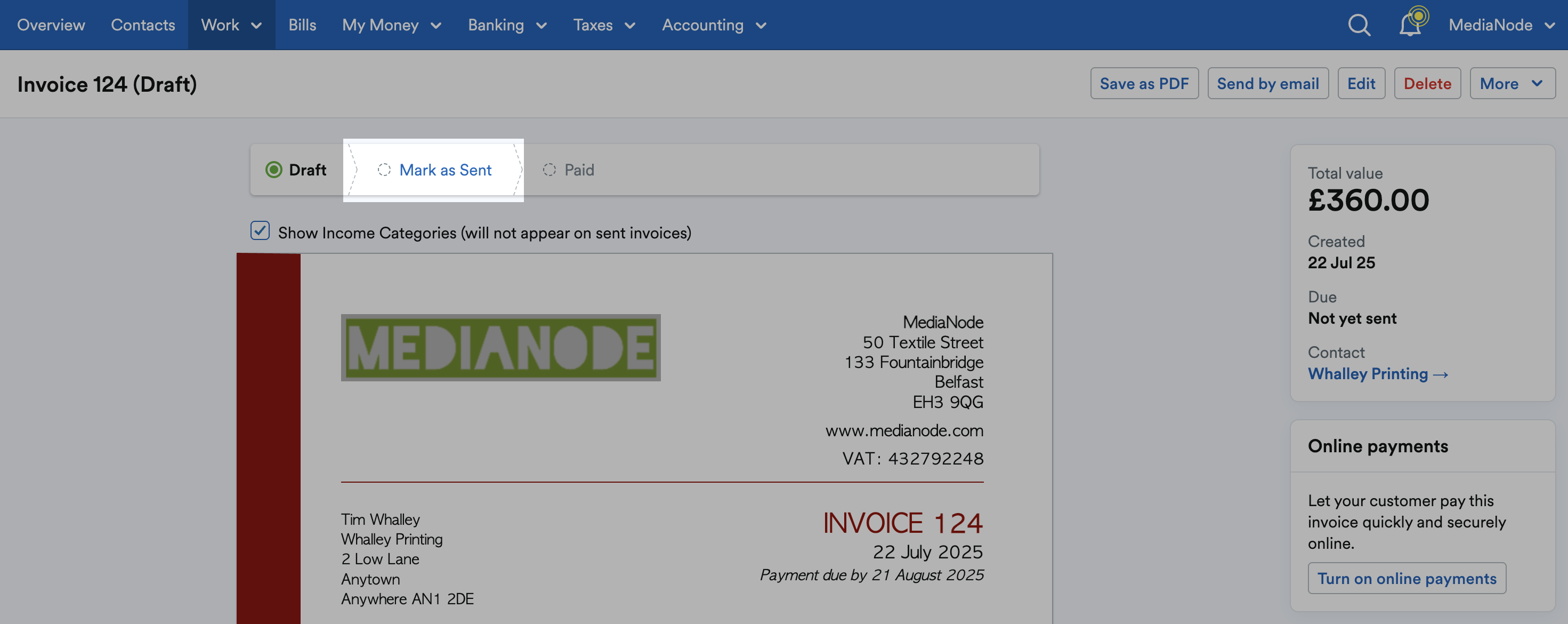 ‘Mark as Sent’ highlighted above the invoice.