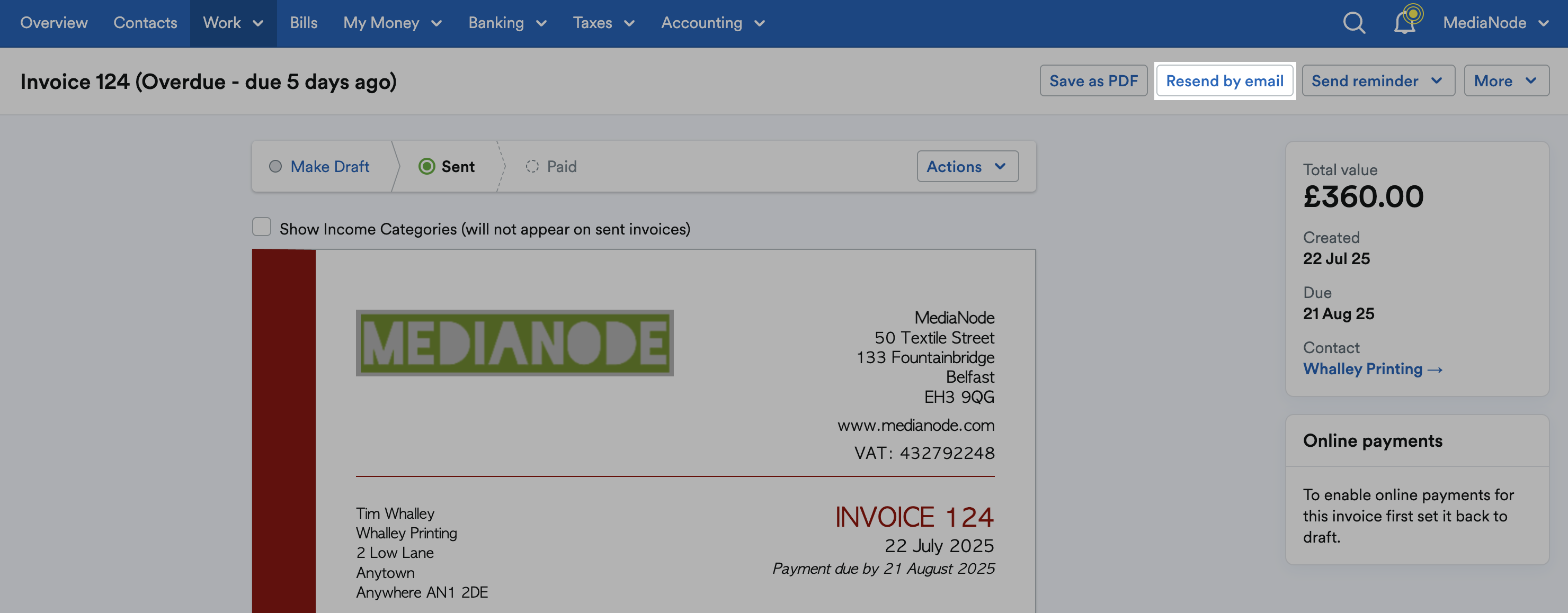 ‘Resend by email’ button highlighted above the invoice.