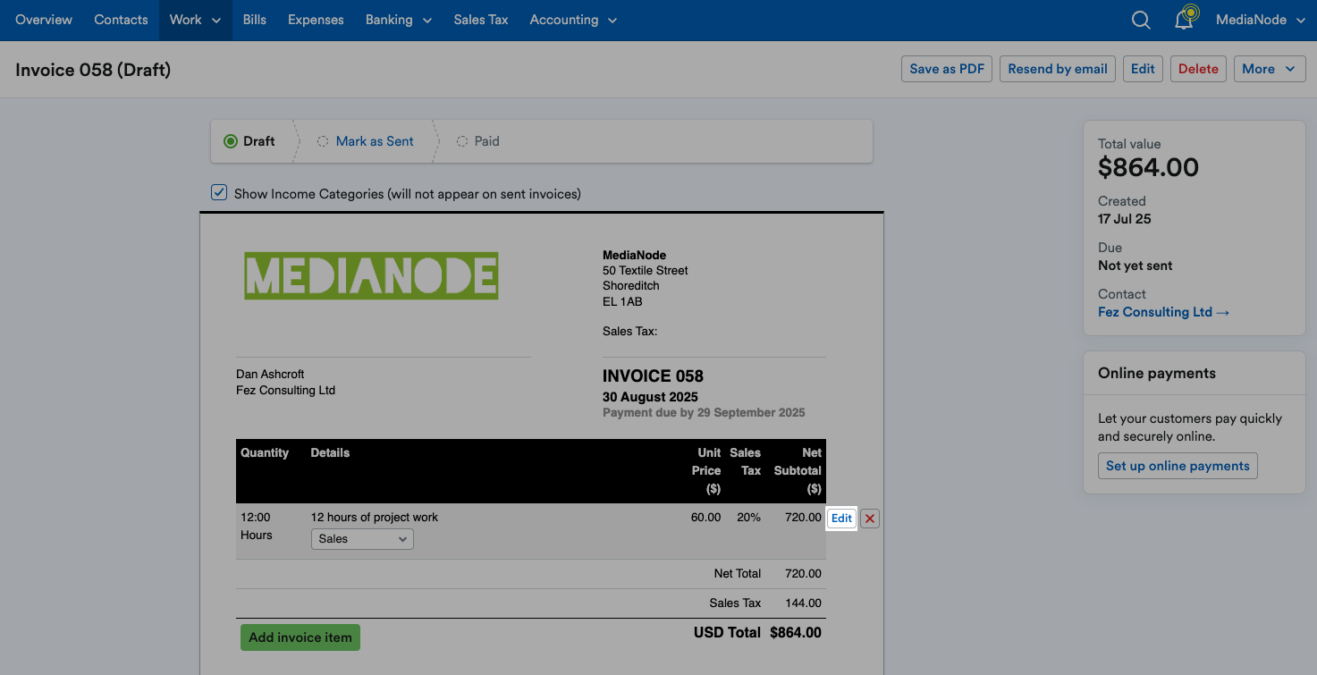 ‘Edit’ button highlighted next to invoice line item.