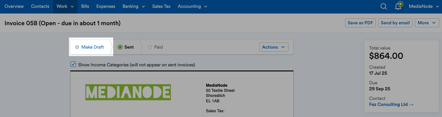 ‘Make Draft’ highlighted above the invoice.