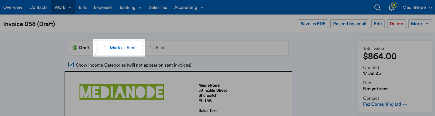 ‘Mark as Sent’ highlighted above the invoice.