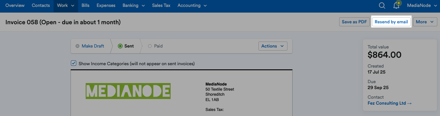 ‘Resend by email’ button highlighted above the invoice.