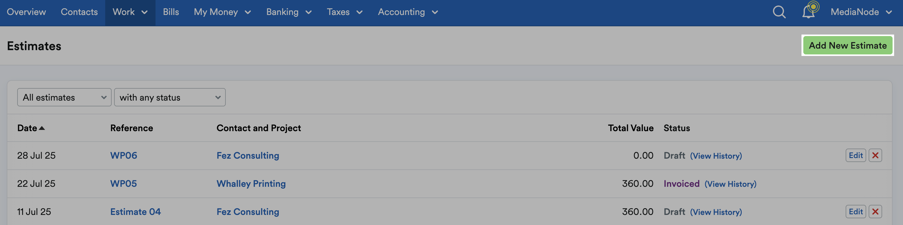 ‘Add New Estimate’ button highlighted above list of estimates.