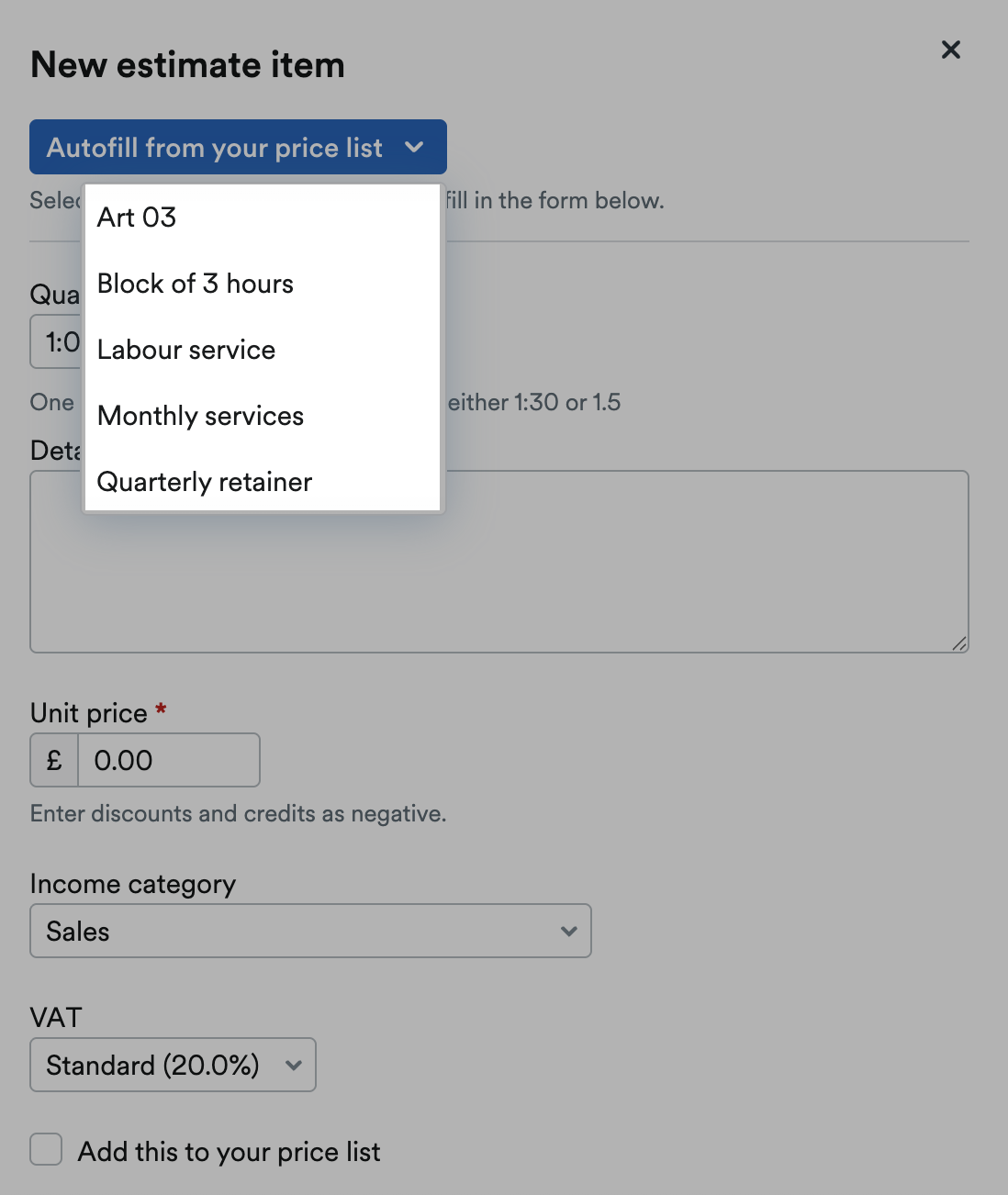 Price list highlighted under ‘Autofill from your price list’ drop down menu.