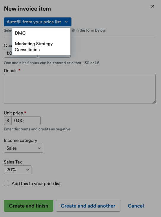 Price list items displayed in ‘Autofill from your price list’ drop down menu.