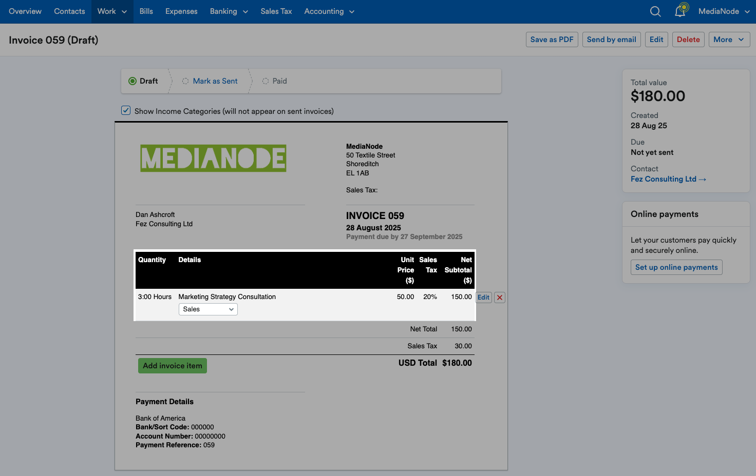 Invoice item displayed on invoice.