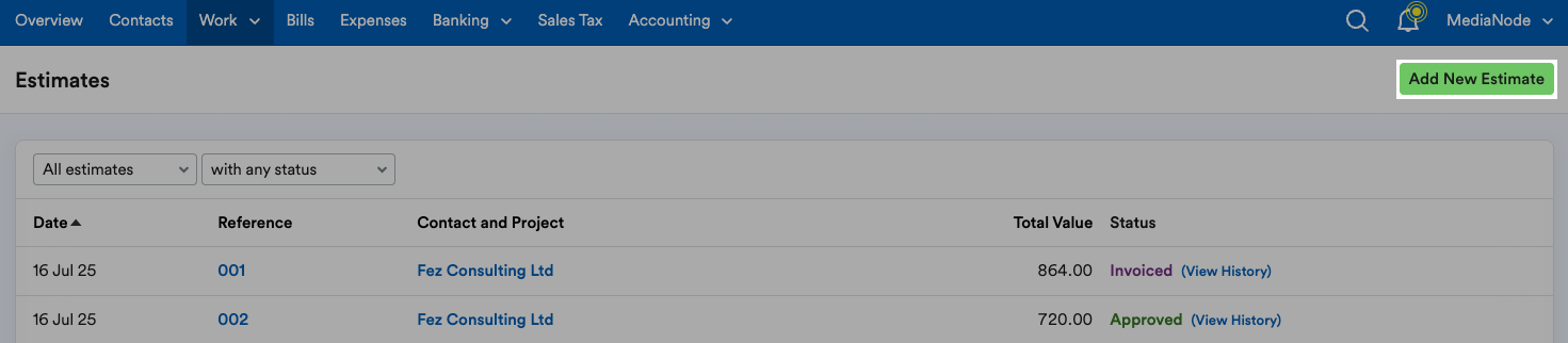‘Add New Estimate’ button highlighted above list of estimates.