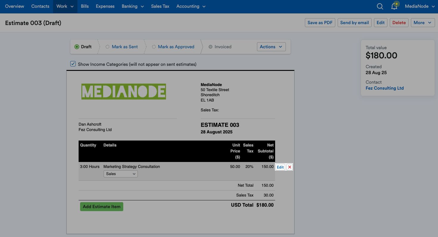 ‘Edit’ and red cross ‘[x]’ buttons highlighted next to estimate line item.