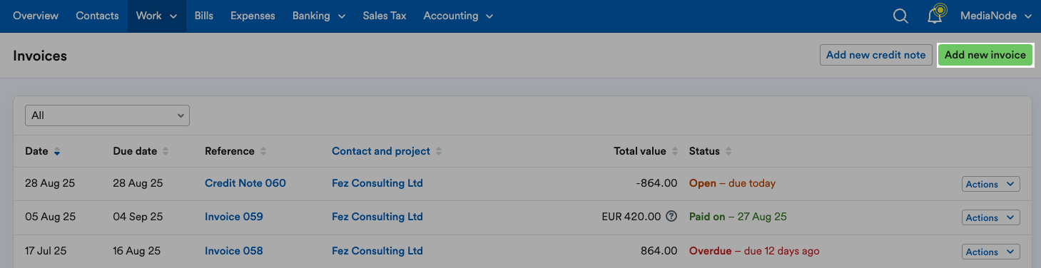 ‘Add new invoice’ button highlighted above list of invoices.