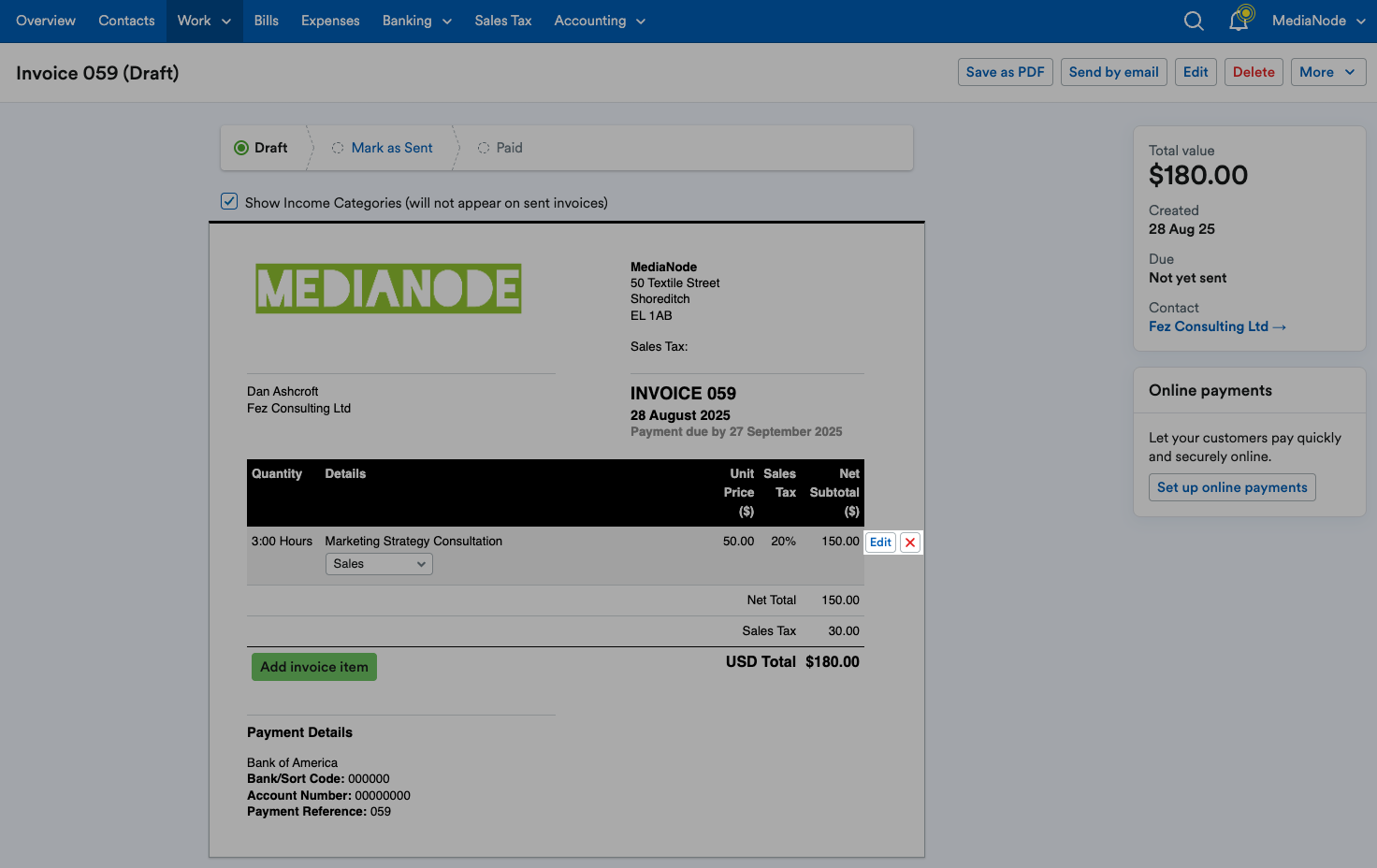 ‘Edit’ and red cross ‘[x]’ buttons highlighted next to invoice line item.