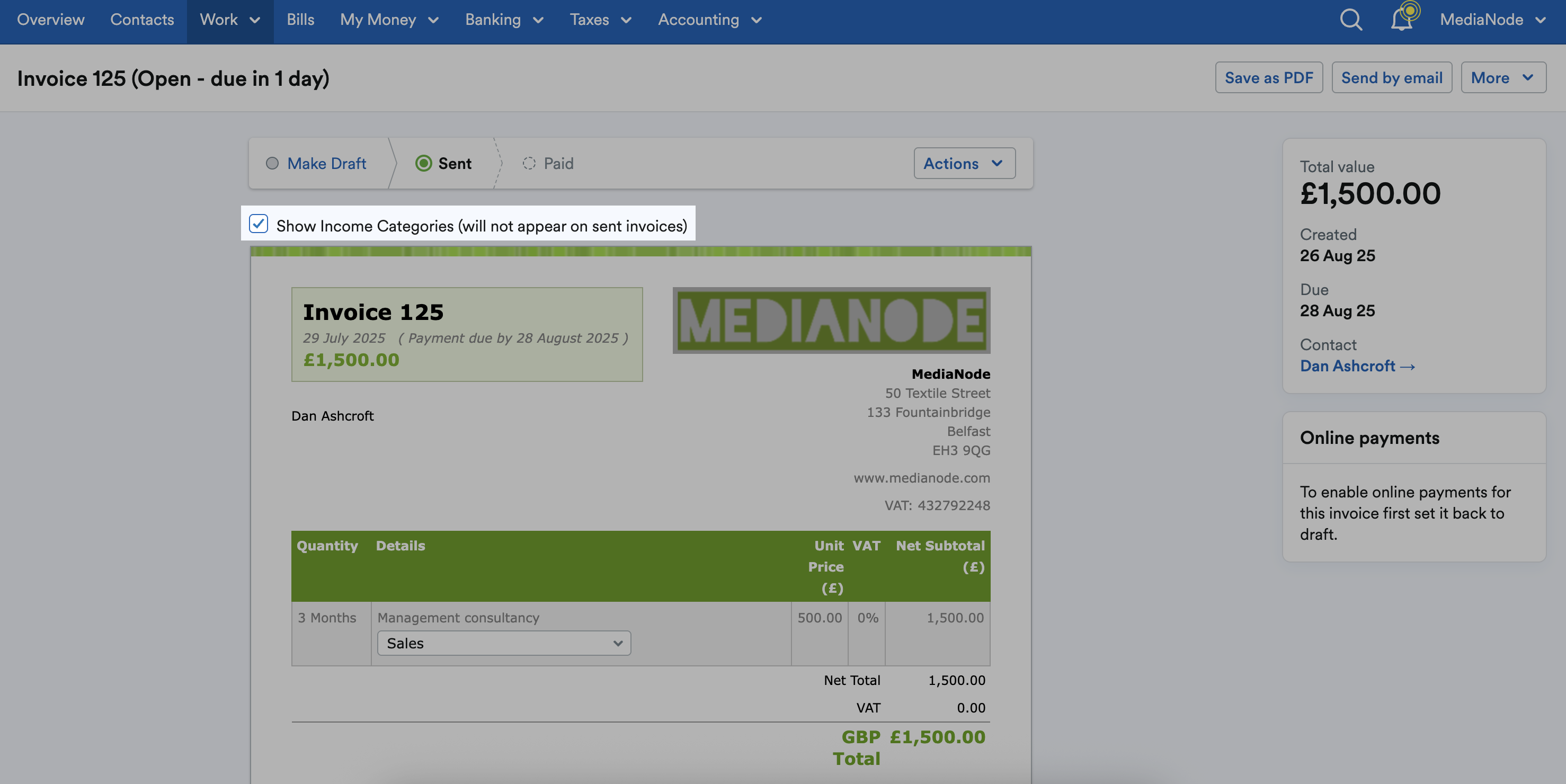 ‘Show Income Categories’ checked and highlighted above the invoice.