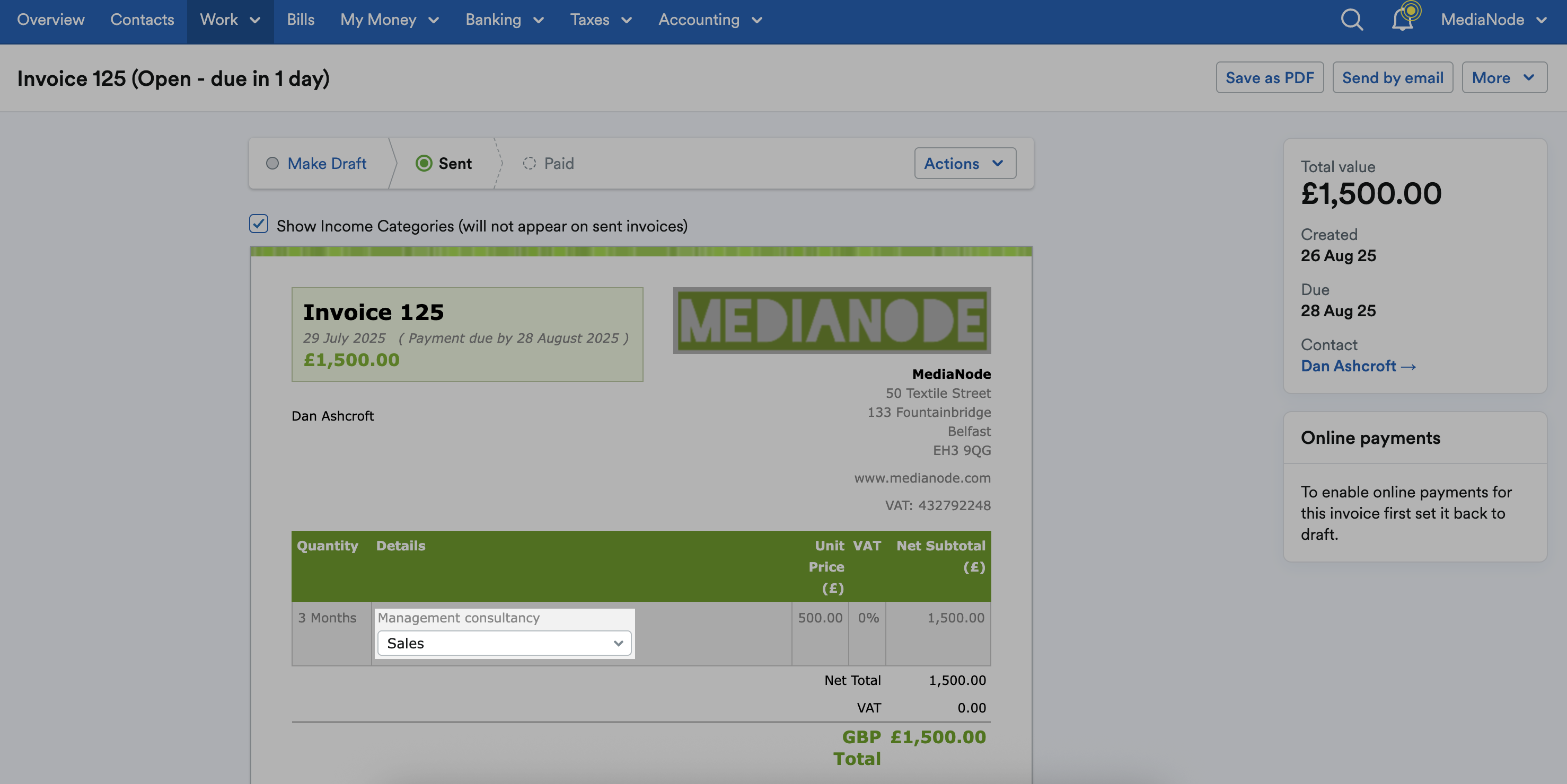 Income category drop down menu highlighted under invoice line item.