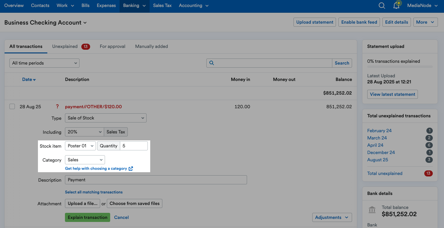 ‘Stock item’, ‘Quantity’ and ‘Category’ fields highlighted.