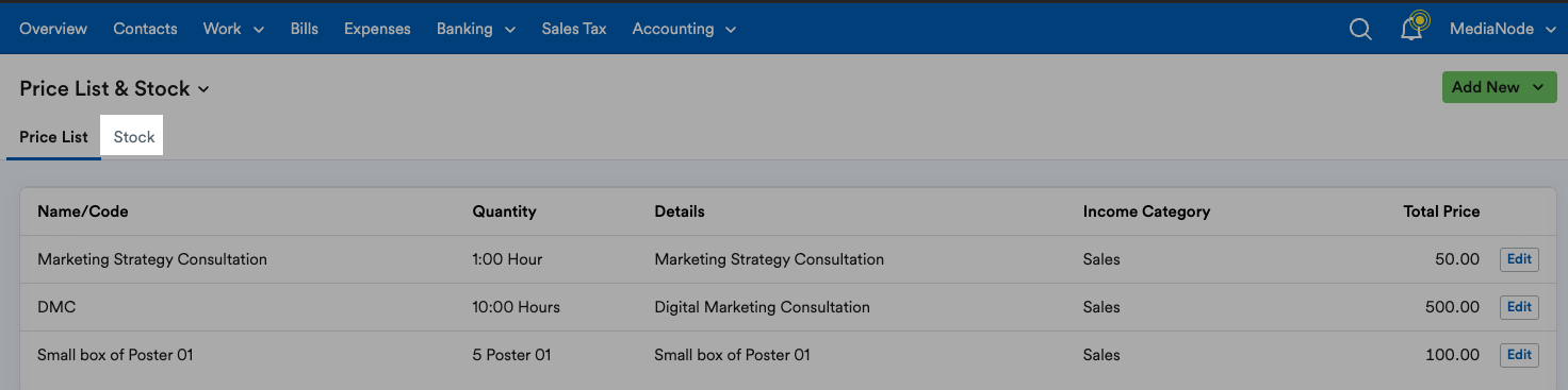 ‘Stock’ tab highlighted on Price List and Stock page.