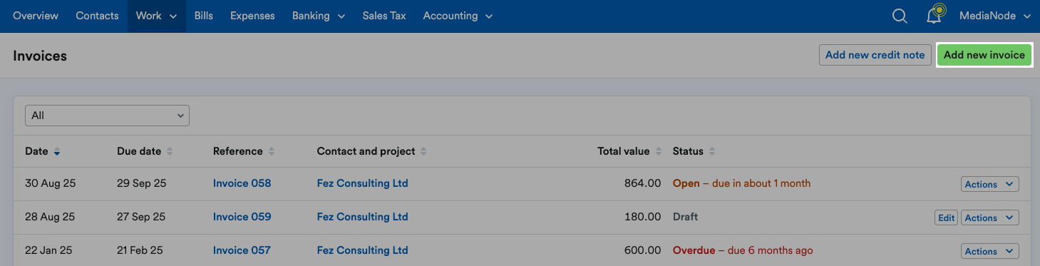 ‘Add new invoice’ button highlighted above list of invoices.