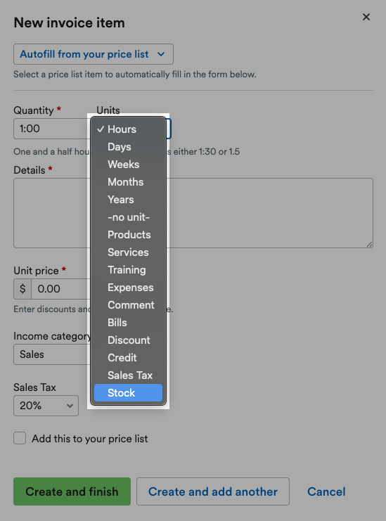‘Stock’ highlighted on ‘Units’ drop down menu.