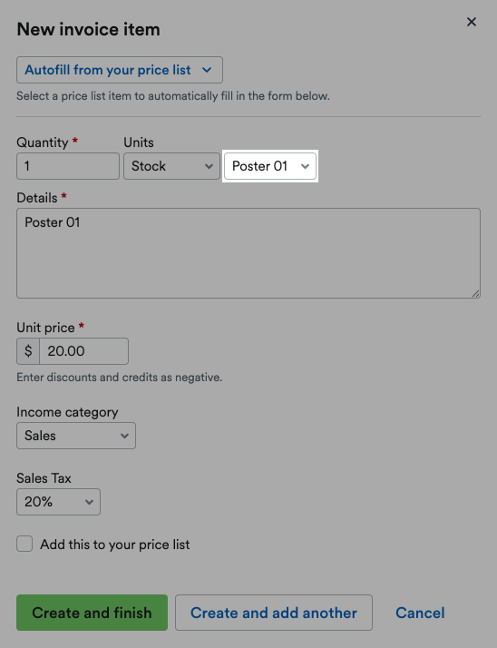 Stock item selected from drop down menu.