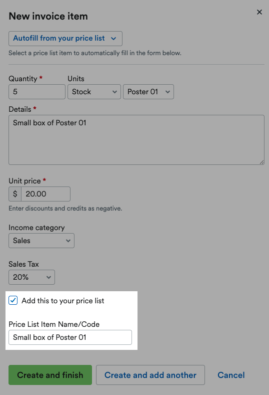 'Add this to your price list' checkbox.