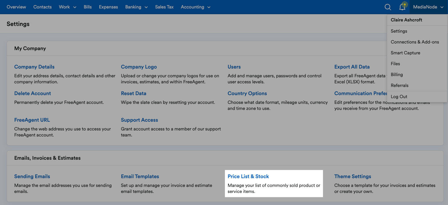 ‘Price List and Stock’ highlighted under ‘Emails, Invoices and Estimates’ section of Settings page.