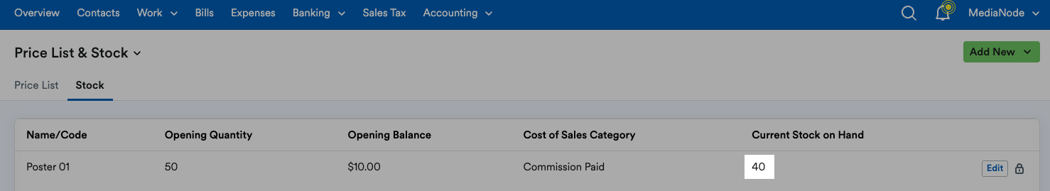 Amount of ‘Current Stock on Hand’ shown under Stock tab.