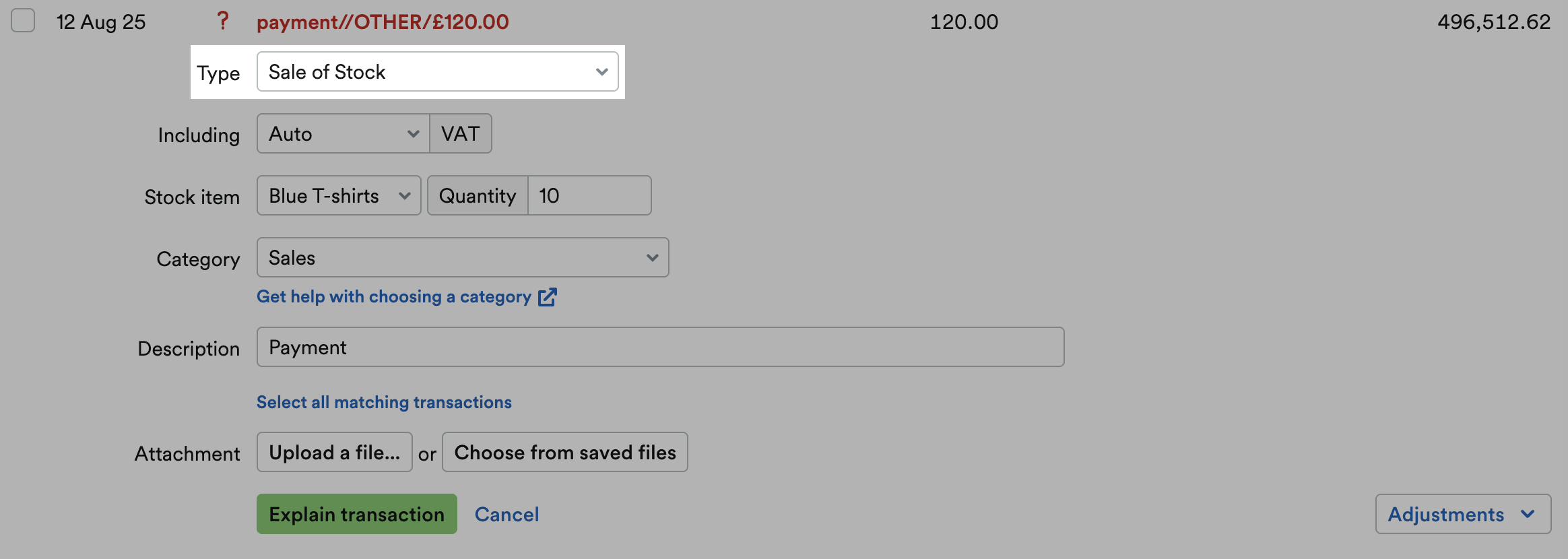 ‘Sale of Stock’ selected from ‘Type’ drop down menu.