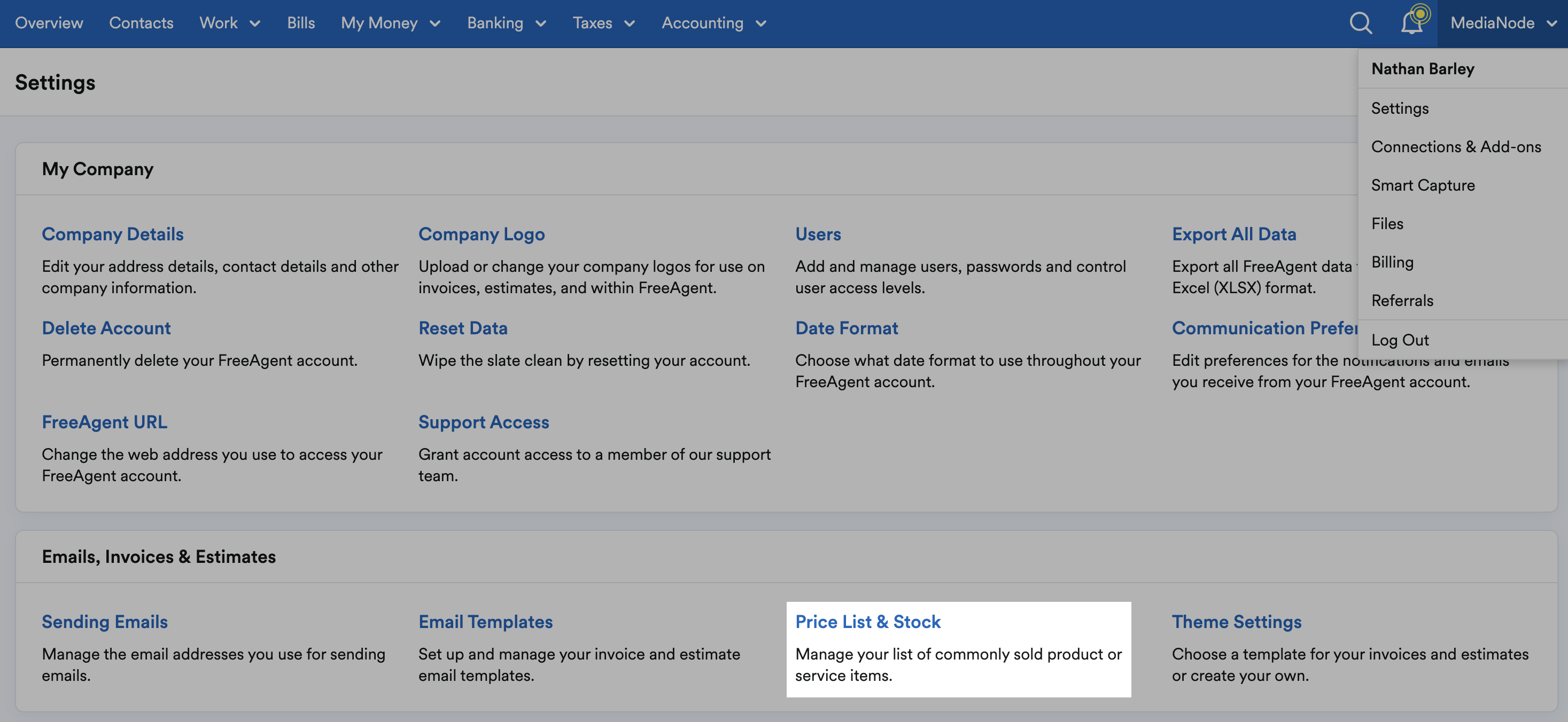 ‘Price List and Stock’ highlighted under Email, Invoices and Estimates section of Settings page.