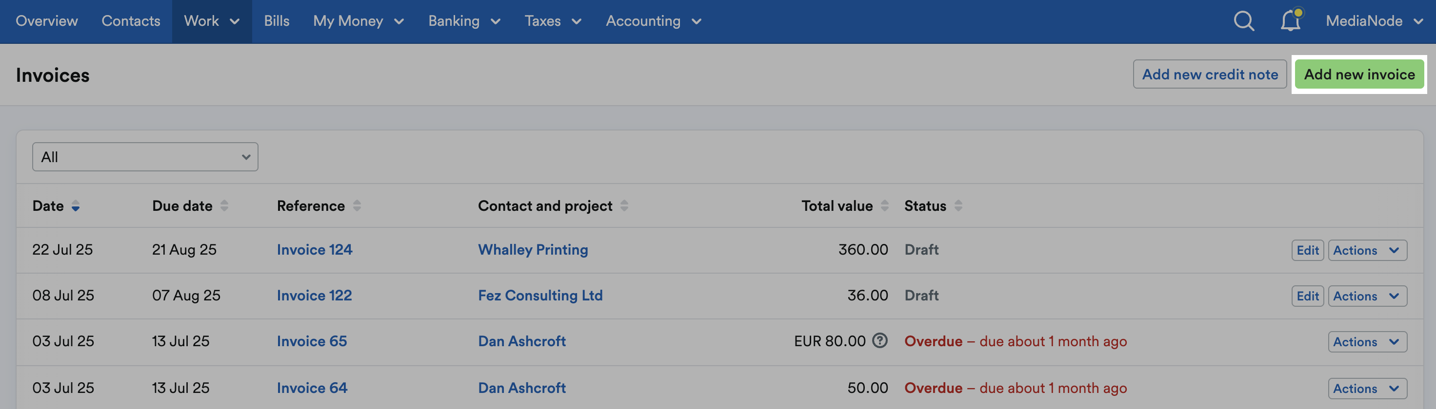‘Add new invoice’ button highlighted above list of invoices.