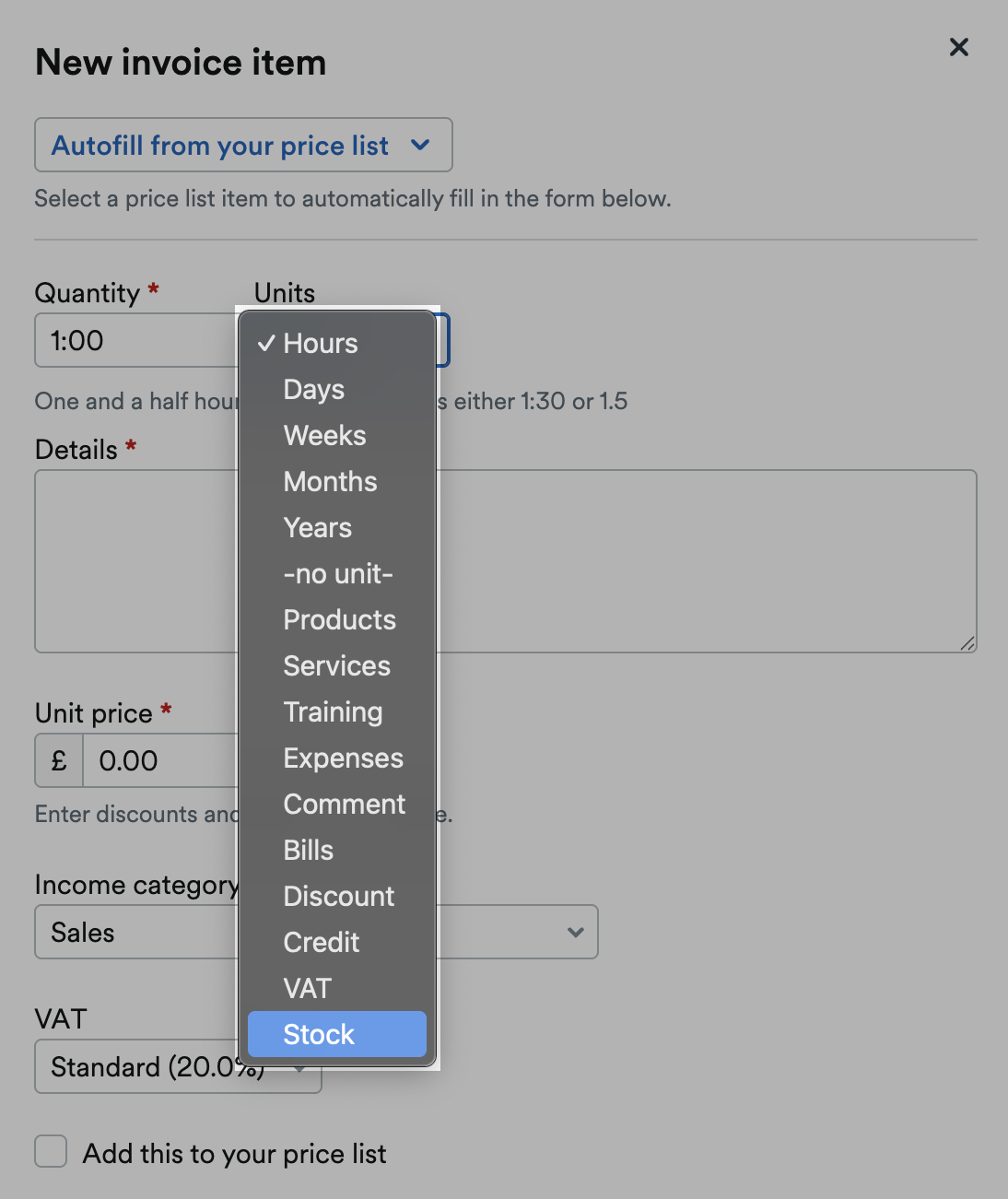 ‘Stock’ highlighted on ‘Units’ drop down menu.