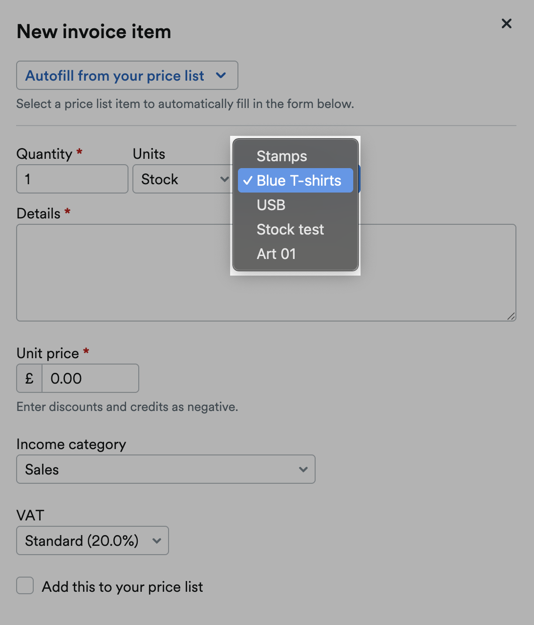 Stock items listed on drop down menu.