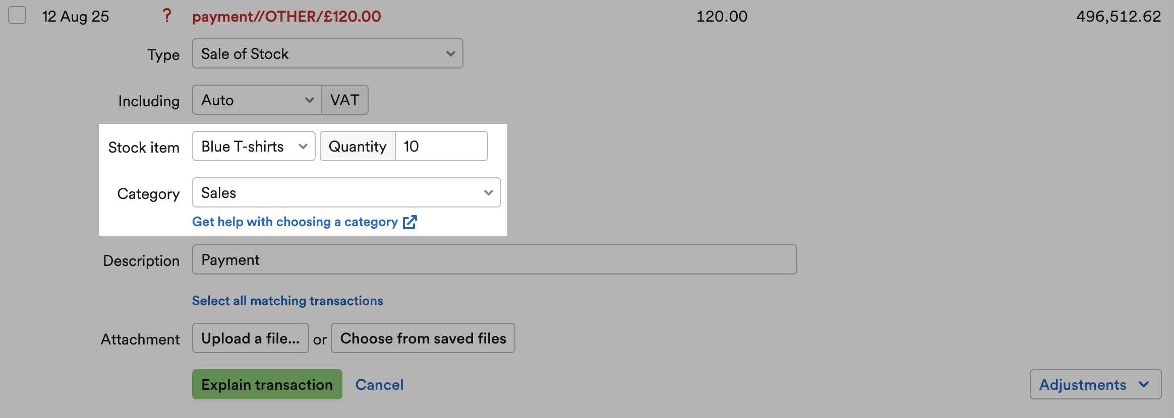 Stock item, Quantity and Category fields highlighted.
