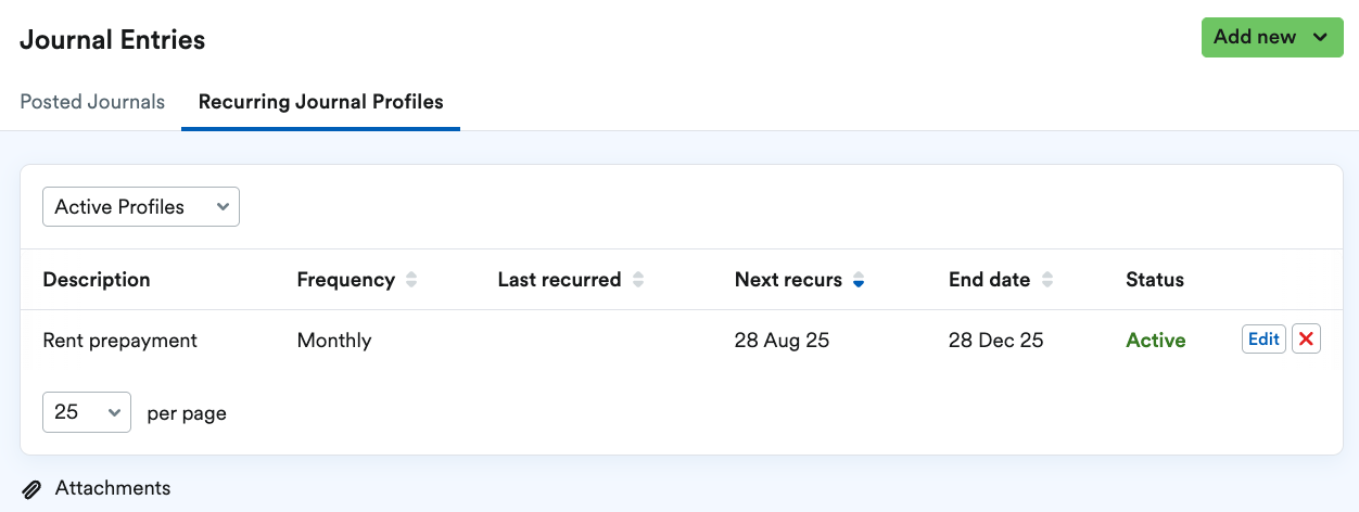 Newly created recurring journal profile showing  under Recurring Journal Profiles tab.