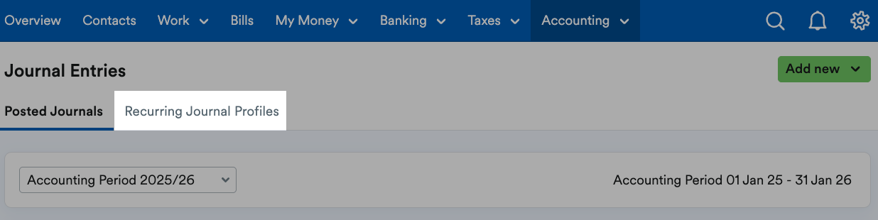 Recurring Journal Profiles tab highlighted
