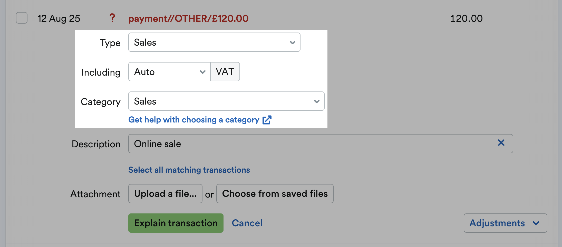 Bank transaction being explained as Sales