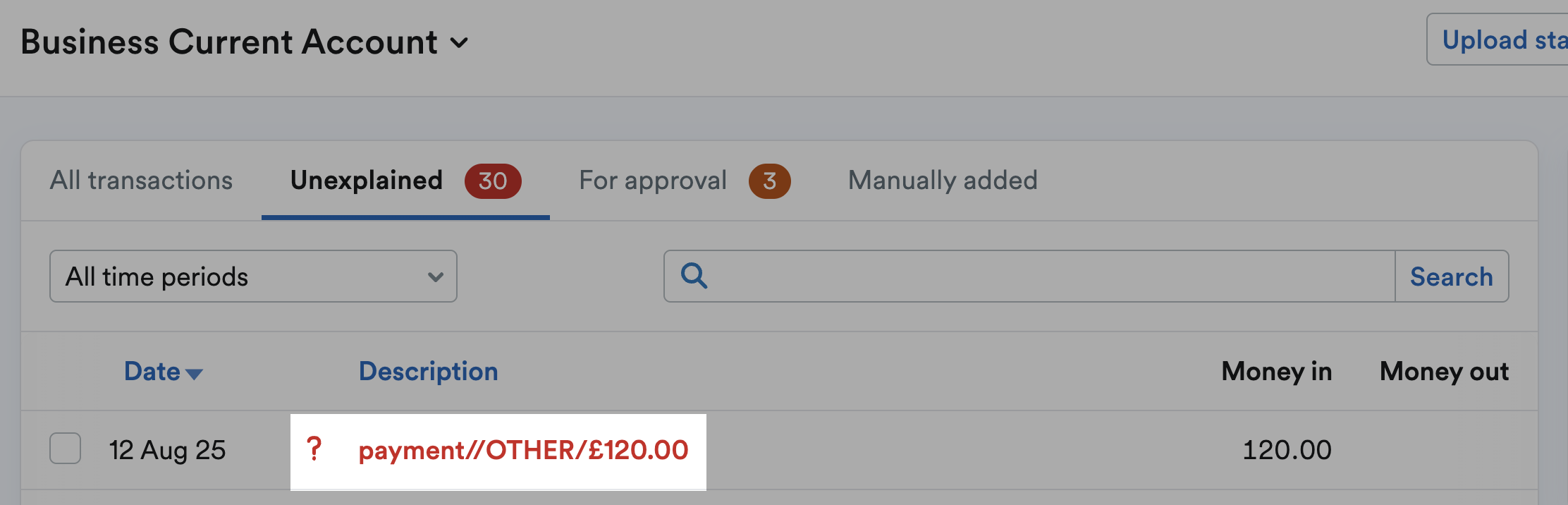 Bank transaction description highlighted