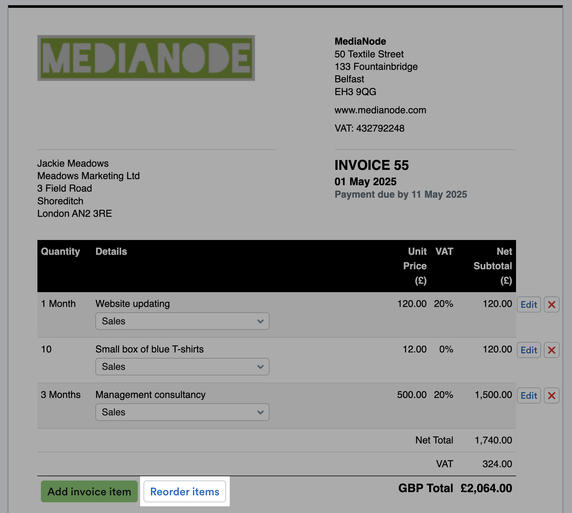Reorder items button highlighted on the invoice