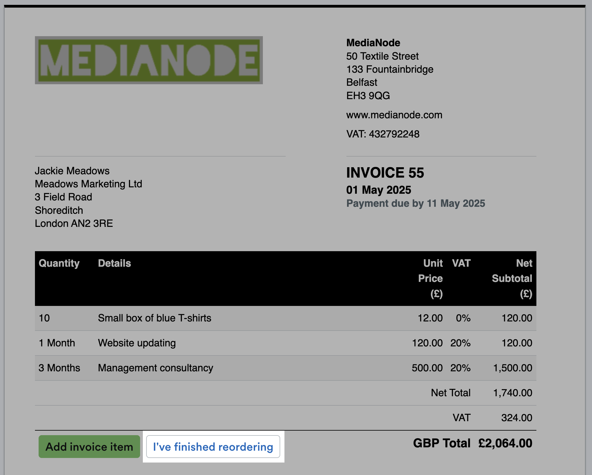 ‘I’ve finished reordering' button highlighted on the invoice