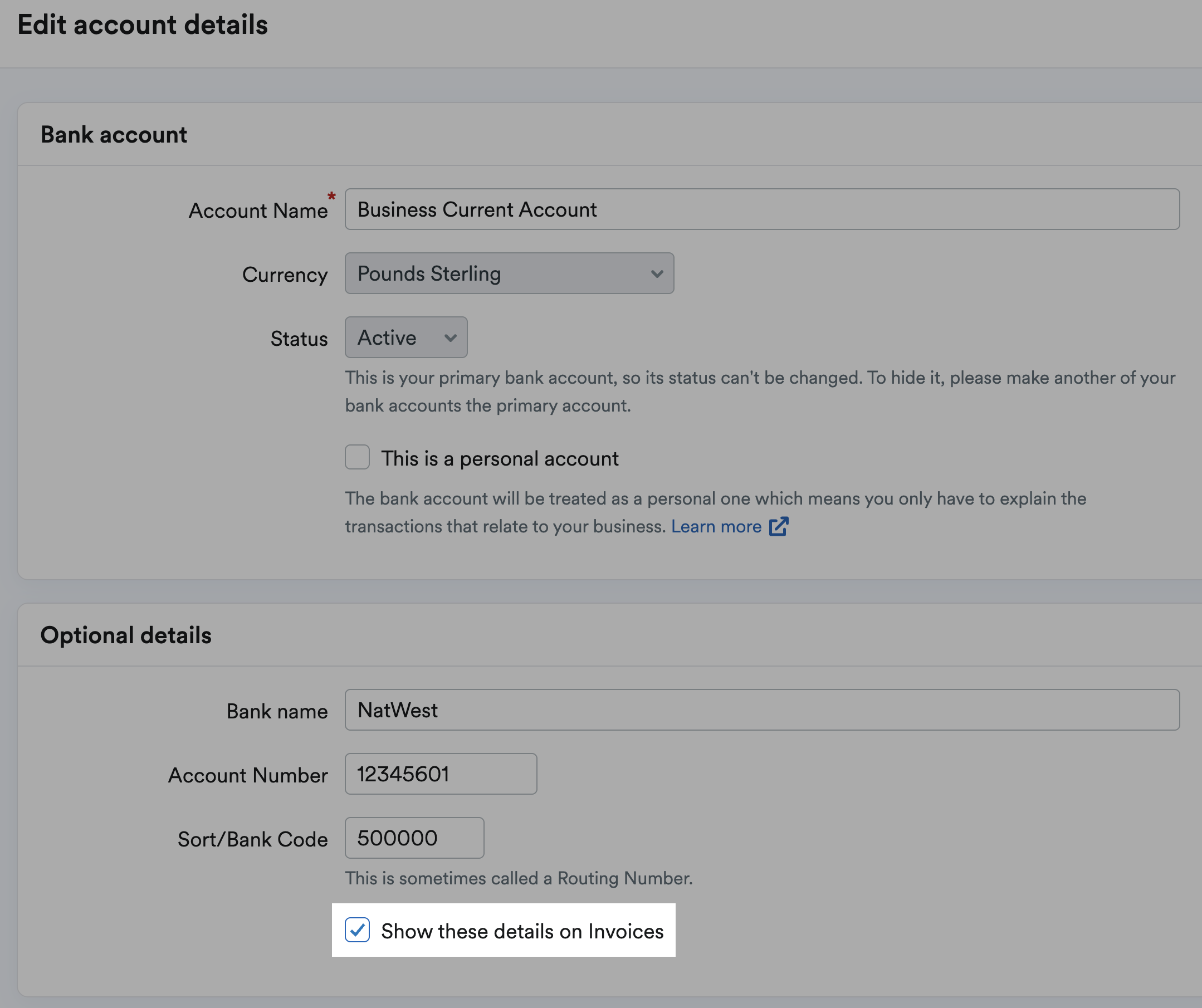 Show these details on Invoices checkbox ticked and highlighted in Optional details section