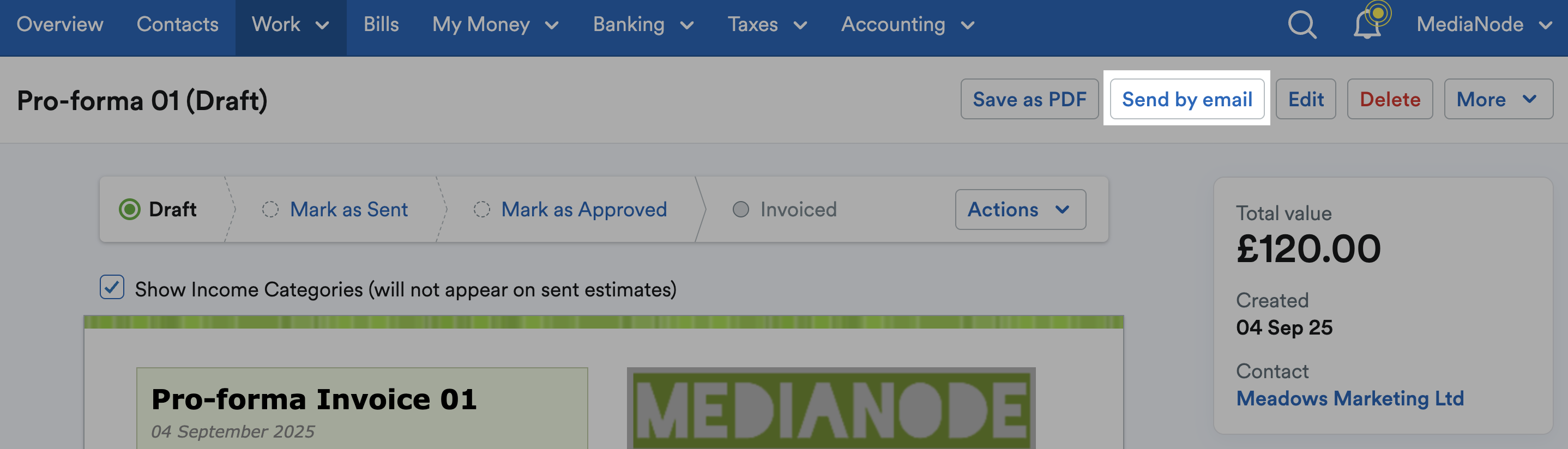 'Send by email' button highlighted at top of Pro forma.