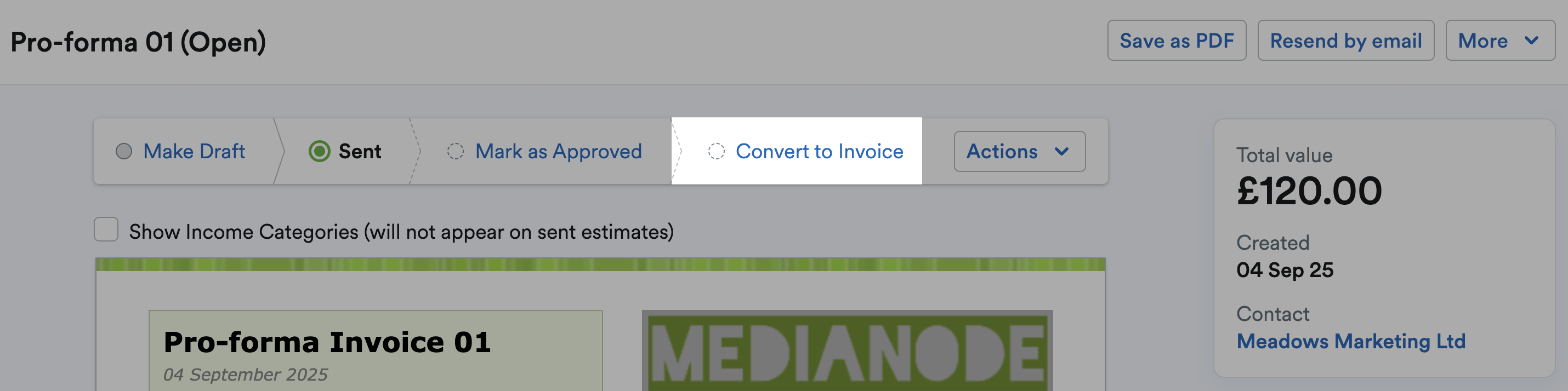 'Convert to Invoice' highlighted in status bar above the pro forma.