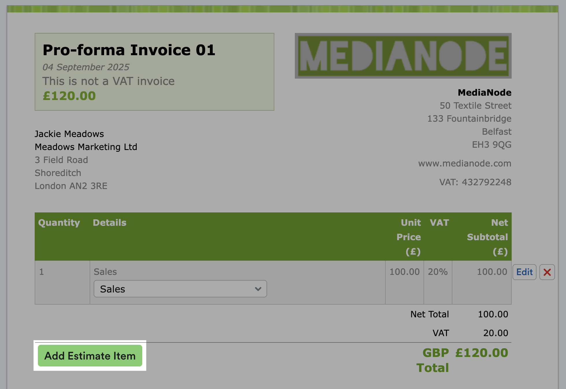 'Add Estimate Item' button highlighted on Pro forma.