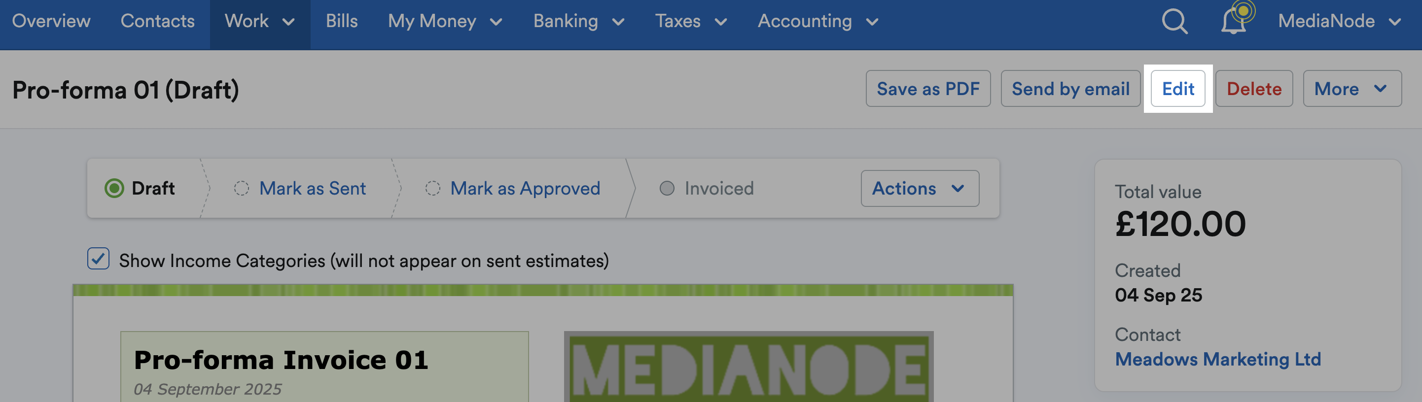 'Edit' button highlighted at top of Pro forma page.