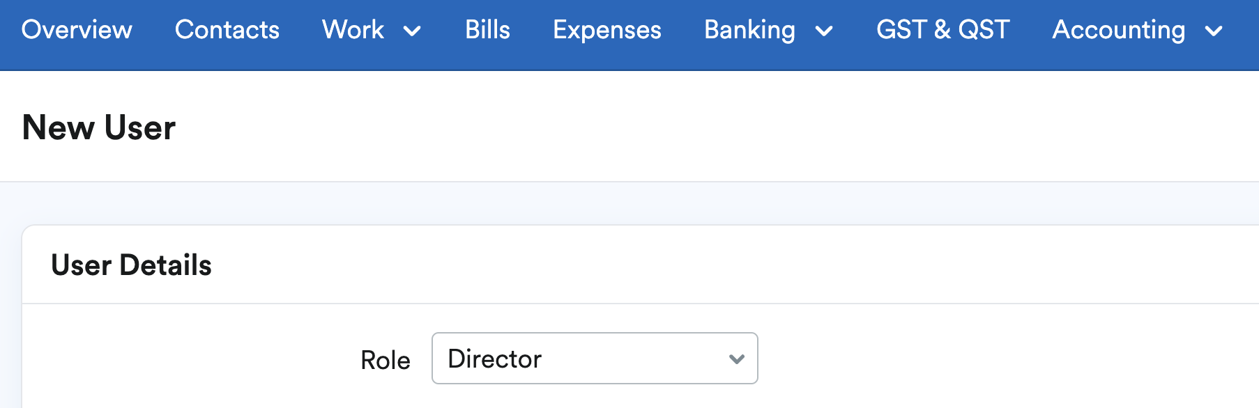 New User screen with Director selected as the Role