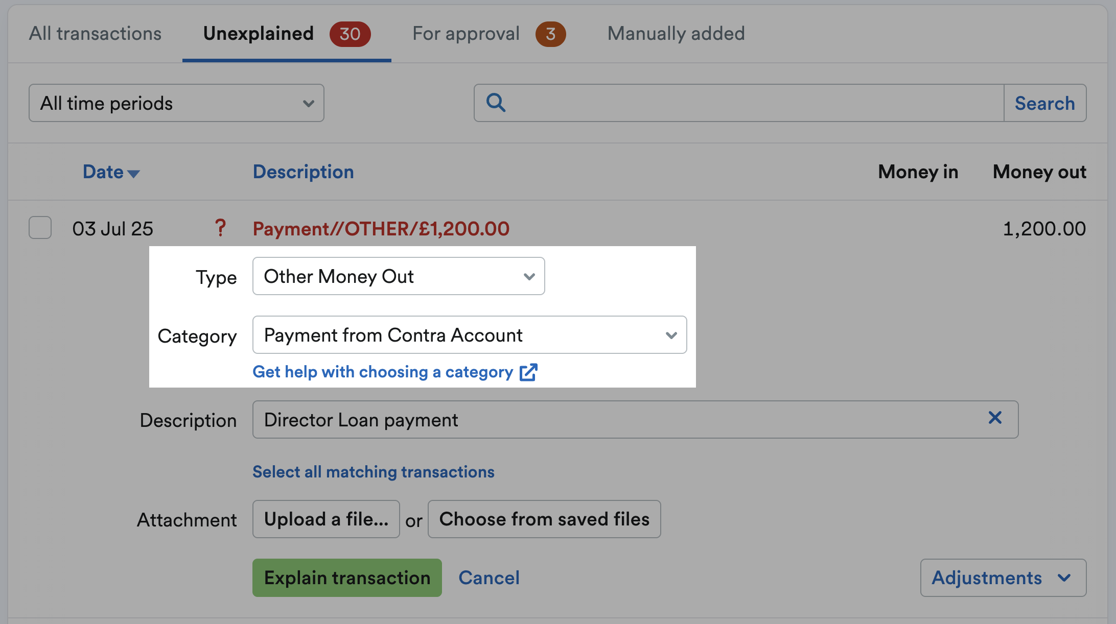 Bank transaction being explained as a payment from the contra account