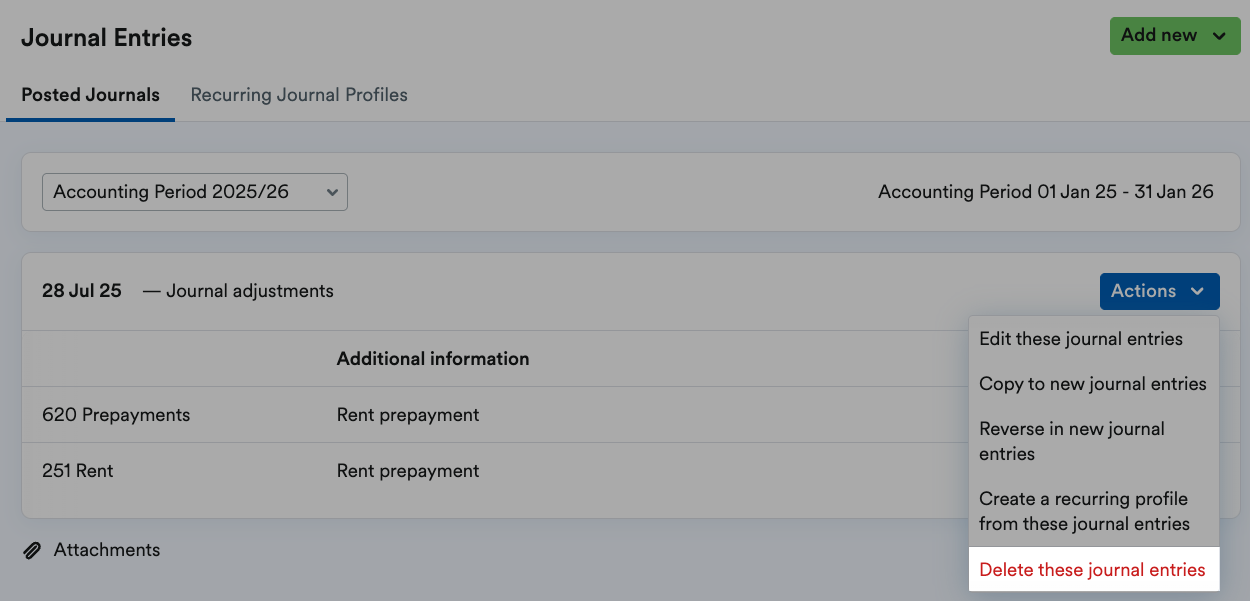 'Delete these journal entries' highlighted on Actions drop down menu.