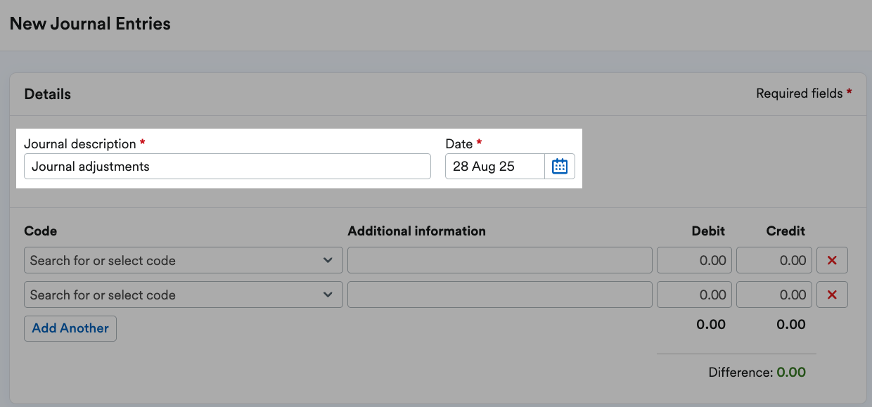 'Journal description' and 'Date' fields highlighted.