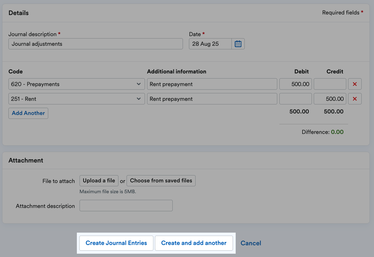 'Create Journal Entries' and 'Create and add another' buttons highlighted at bottom of page.
